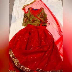 Green & red roses Top With Skirt And Dupatta
